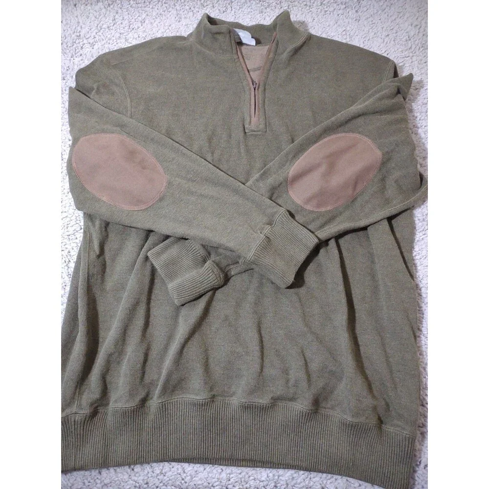 Cremieux Men’s Green Knit Sweater Xl Quarter Zip Long Sleeve Brown Elbow Patches